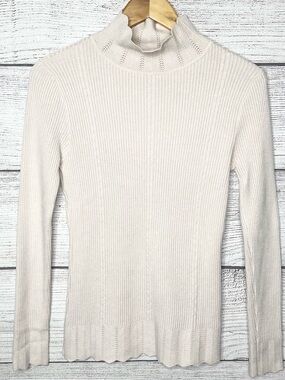 Vila Milano Cream Pointelle Knit Ribbed Wool Blend Mock Neck Sweater Size Medium